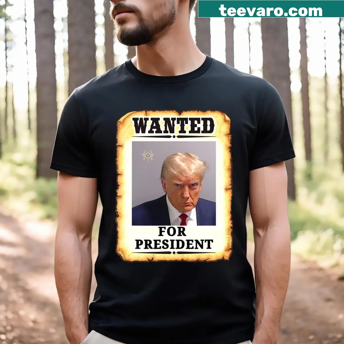 Wanted Donald Trump for President 2024 t-shirt with bold typography — on a men's t-shirt
