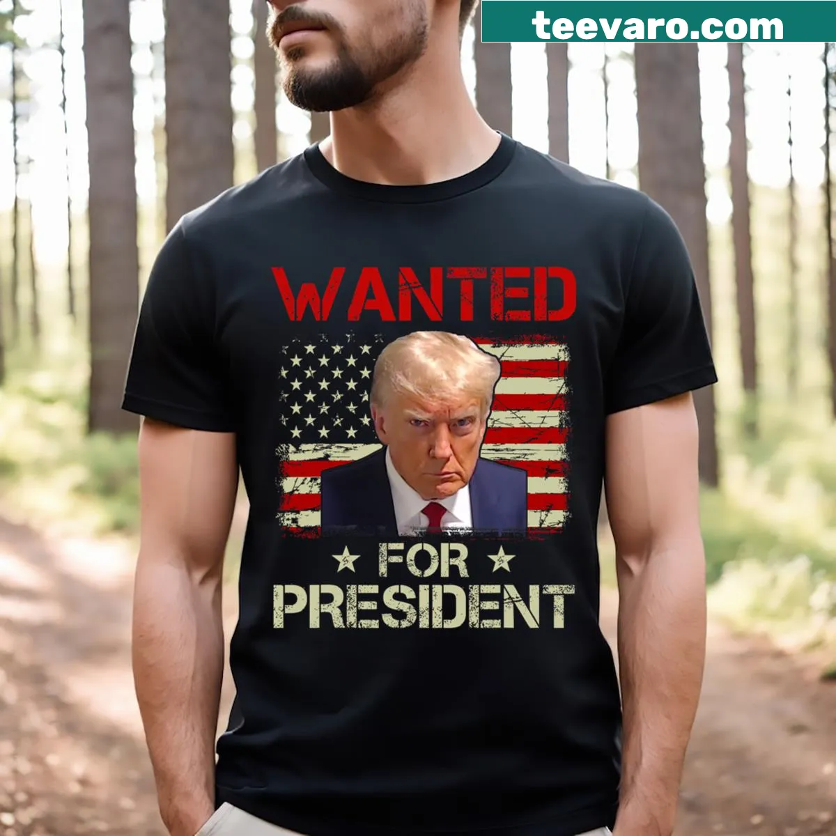 Vintage t-shirt with Trump's image and 'Wanted For President 2024' text — on a men's t-shirt