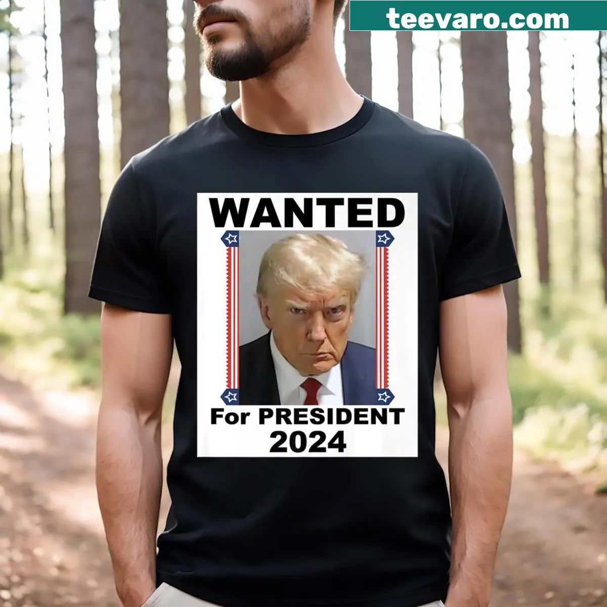 Wanted for President 2024 Donald Trump t-shirt with bold text — on a men's t-shirt