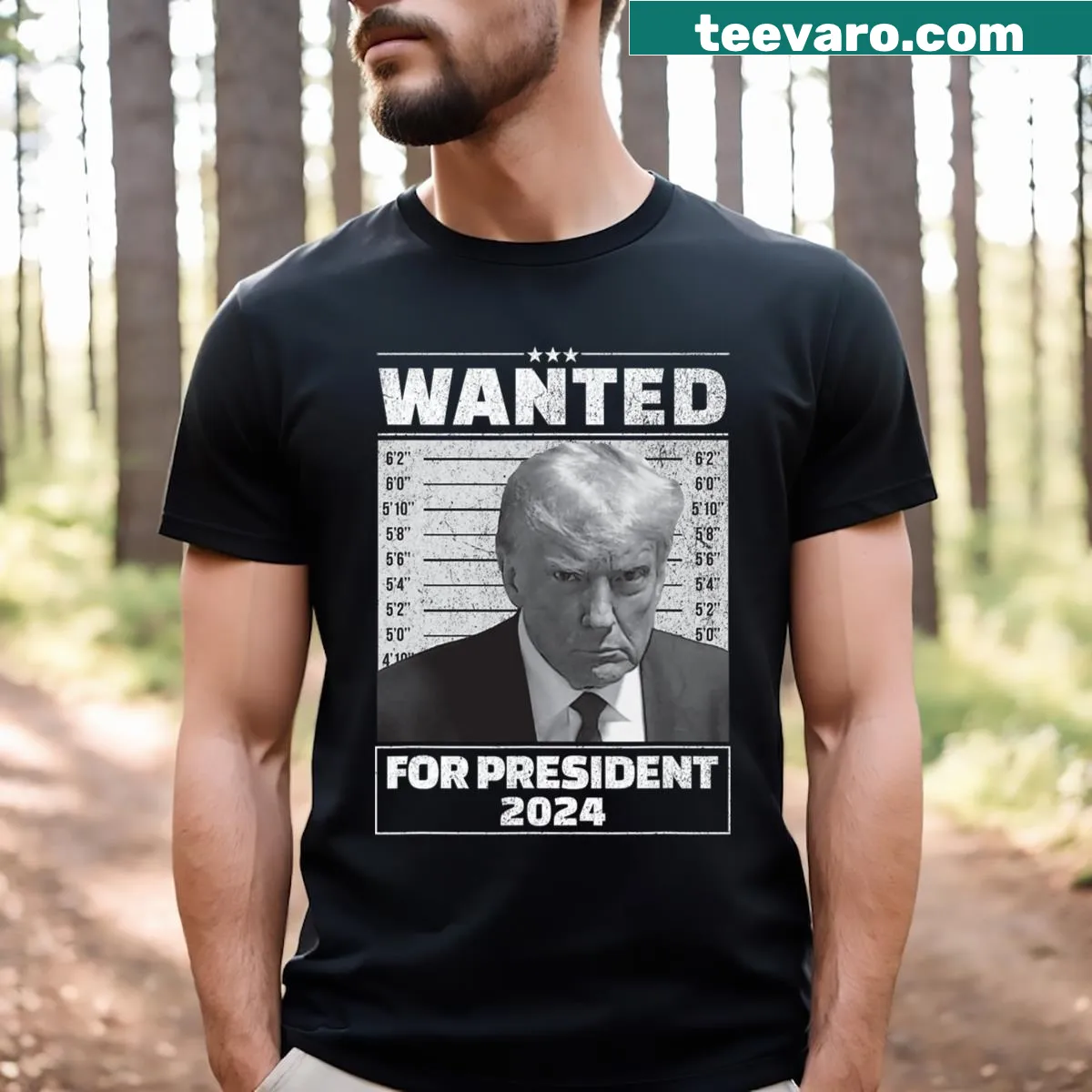 Wanted For President 2024 t-shirt featuring Trump mugshot design — on a men's t-shirt