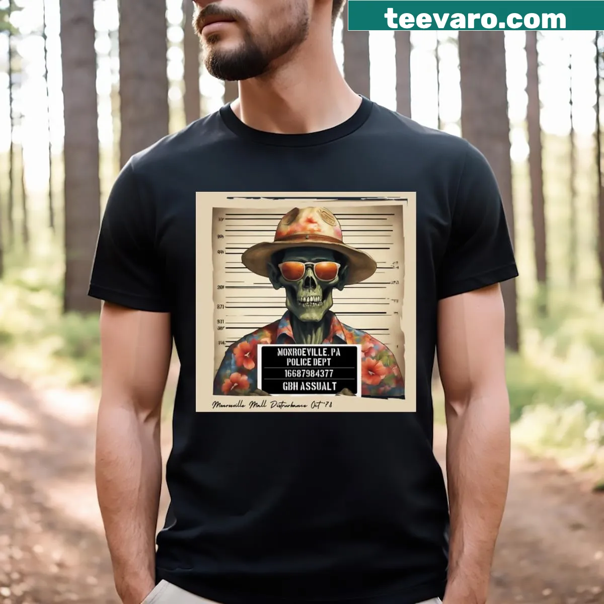 Graphic of a zombie police mugshot on a t-shirt — on a men's t-shirt