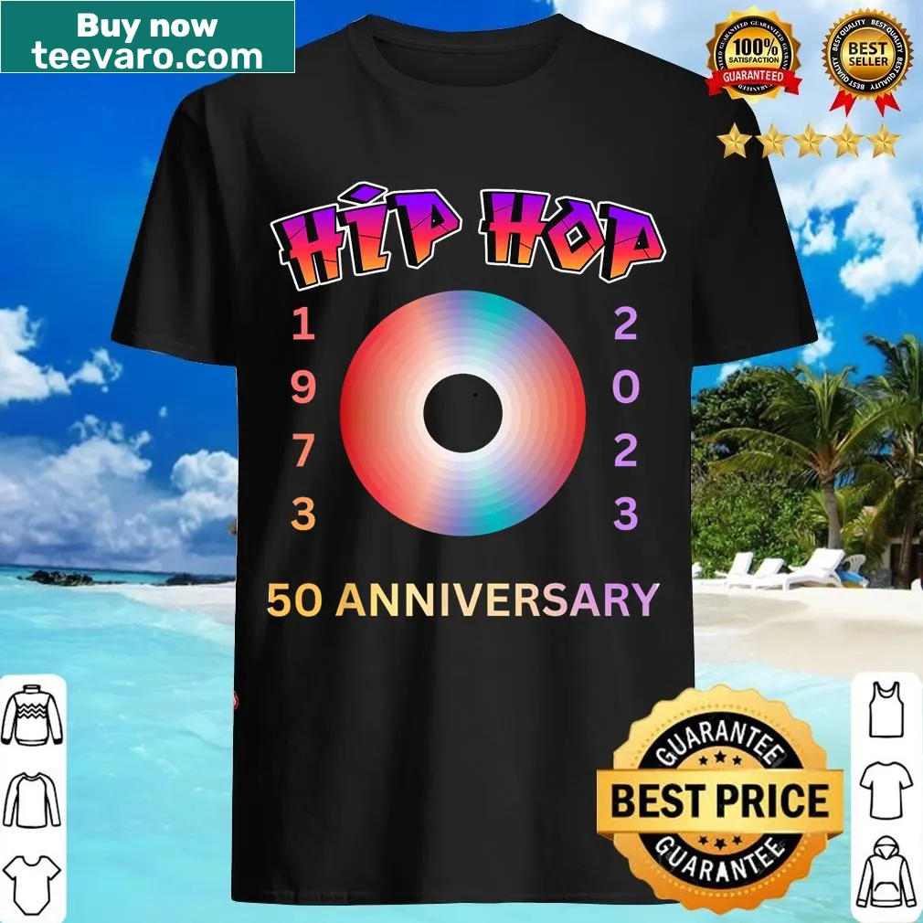 Retro 50th Anniversary Hip Hop t-shirt with vinyl record graphic — on a men's t-shirt