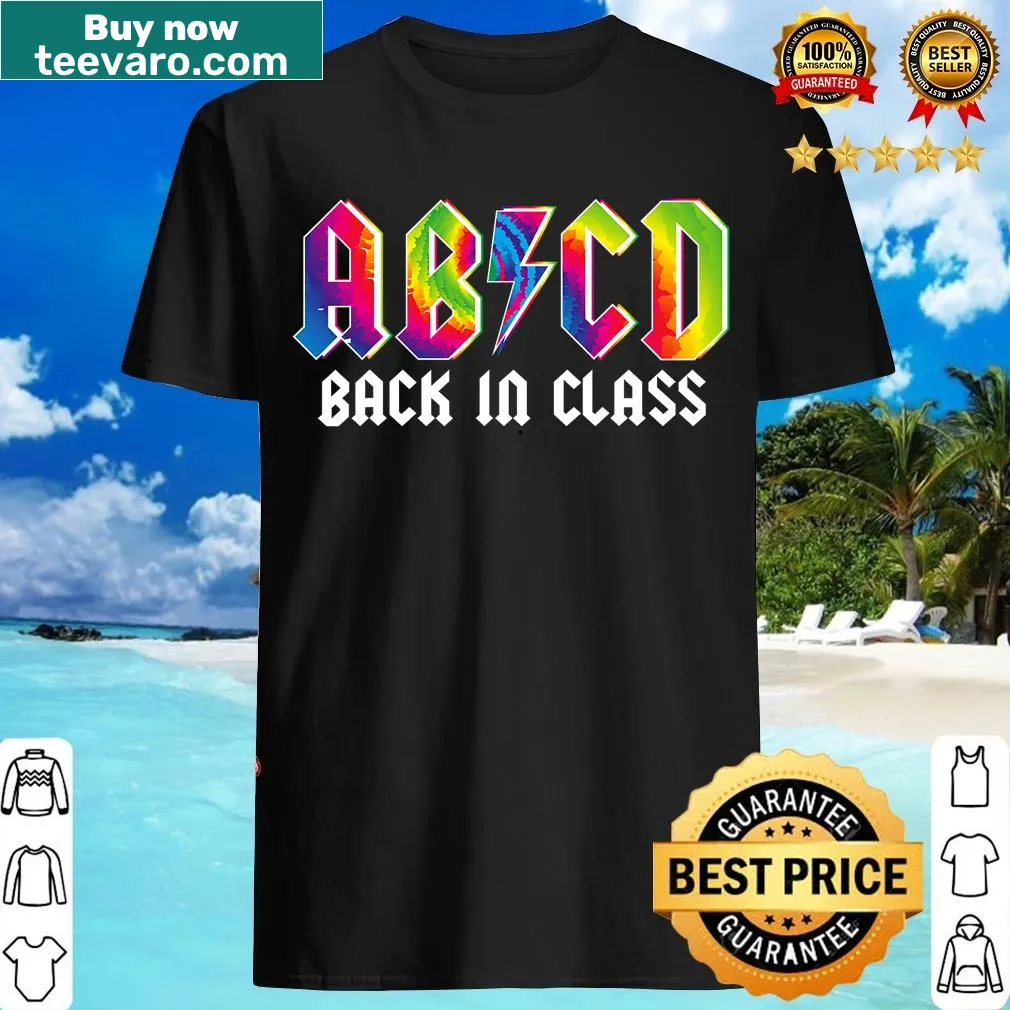Playful teacher t-shirt with the phrase ABCD Back In School Rocks. — on a men's t-shirt