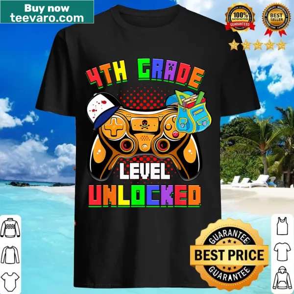 Cartoon-style T-shirt with 'Hello 4th Grade Level Unlocked' for boys