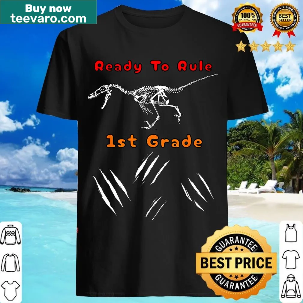 Friendly raptor dinosaur ready for 1st grade — on a men's t-shirt