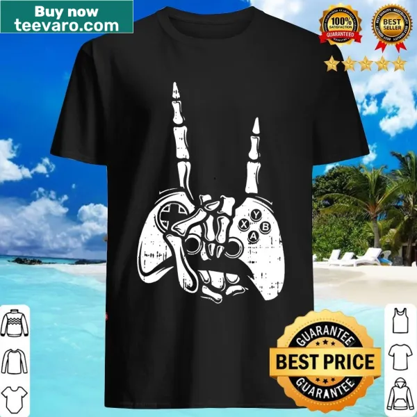 Funny Halloween t-shirt with a cartoon skeleton hand design