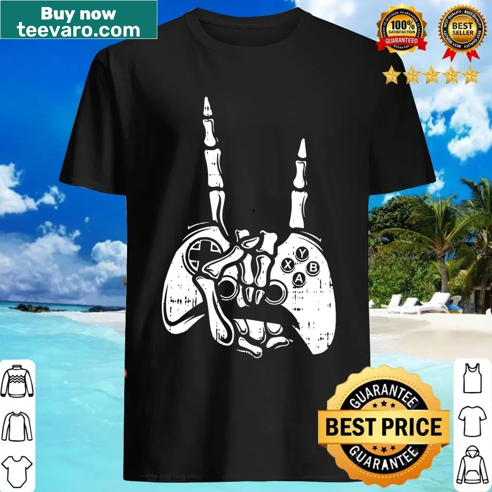 Funny Halloween t-shirt with a cartoon skeleton hand design — on a men's t-shirt
