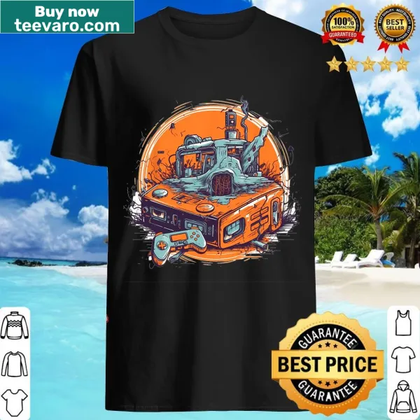 Cartoon-style Halloween t-shirt with videogame controller design