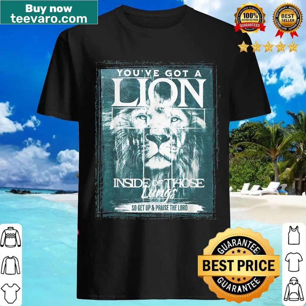 Christian quote T-shirt with lion graphic for inspiration — on a men's t-shirt