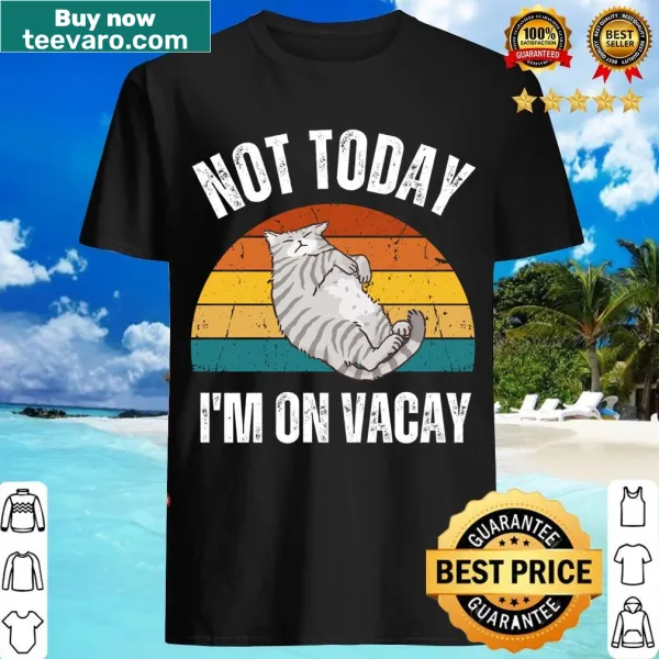 Relaxed cat graphic on vacation-themed T-shirt