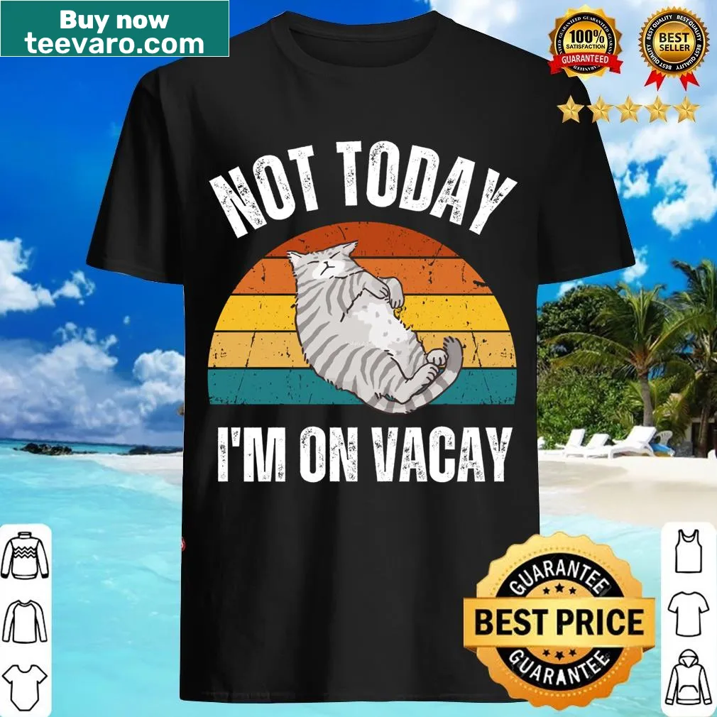 Relaxed cat graphic on vacation-themed T-shirt — on a men's t-shirt
