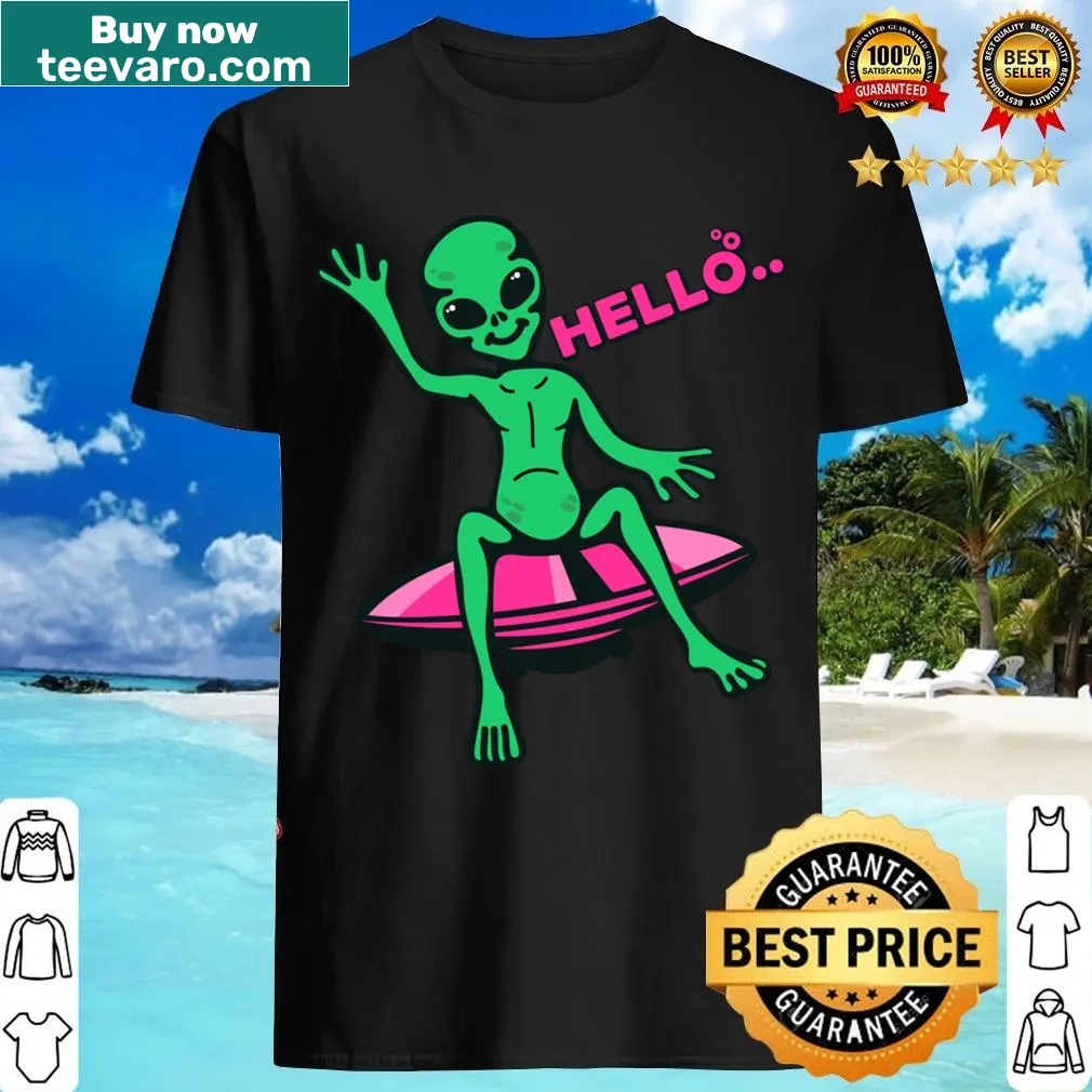 Cute t-shirt featuring a funny alien character saying hello — on a men's t-shirt