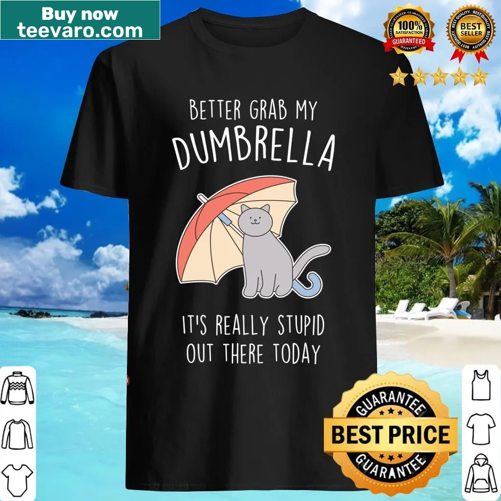 Gray cat with umbrella graphic on a funny T-shirt — on a men's t-shirt