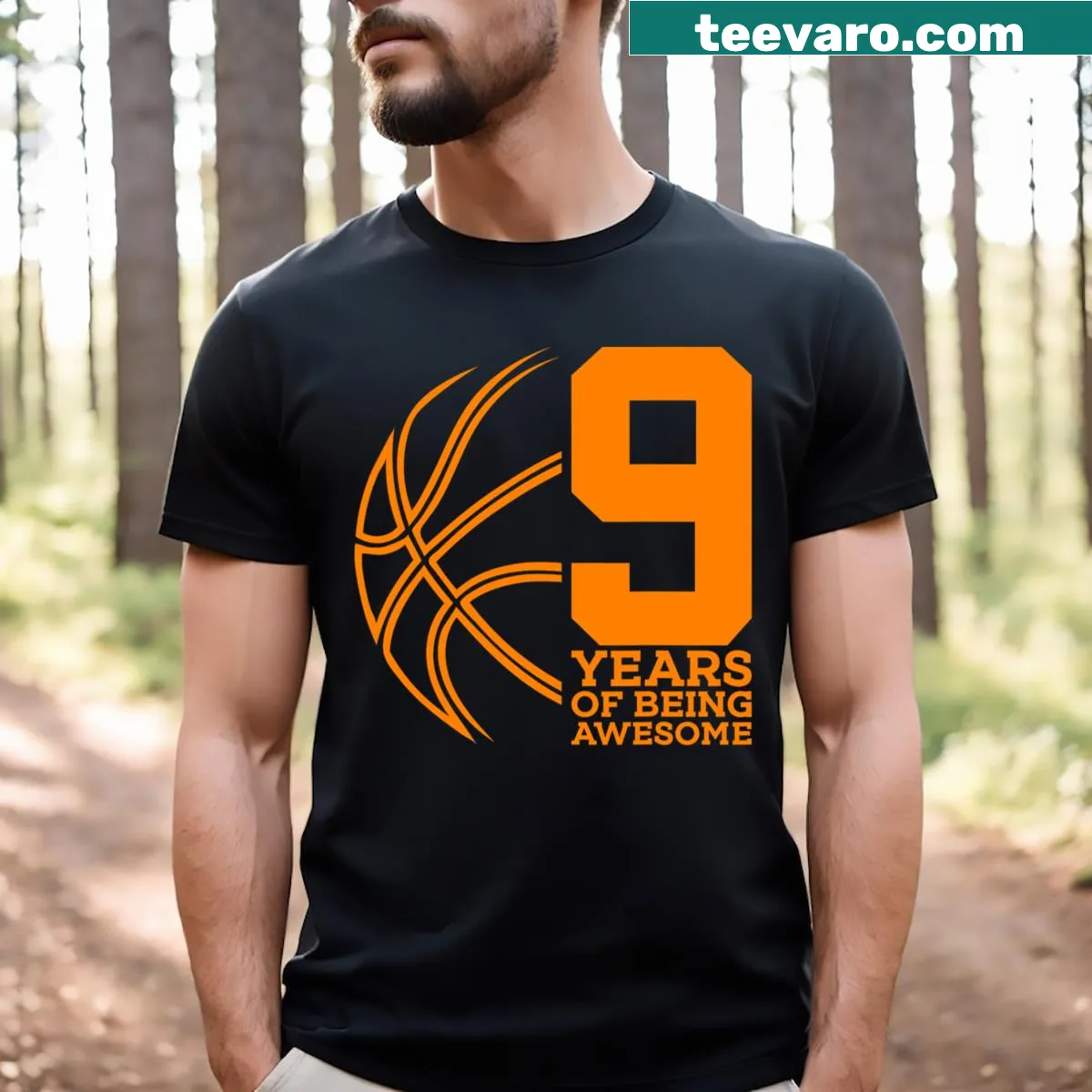 9th birthday t-shirt for kids with basketball graphic and text — on a men's t-shirt