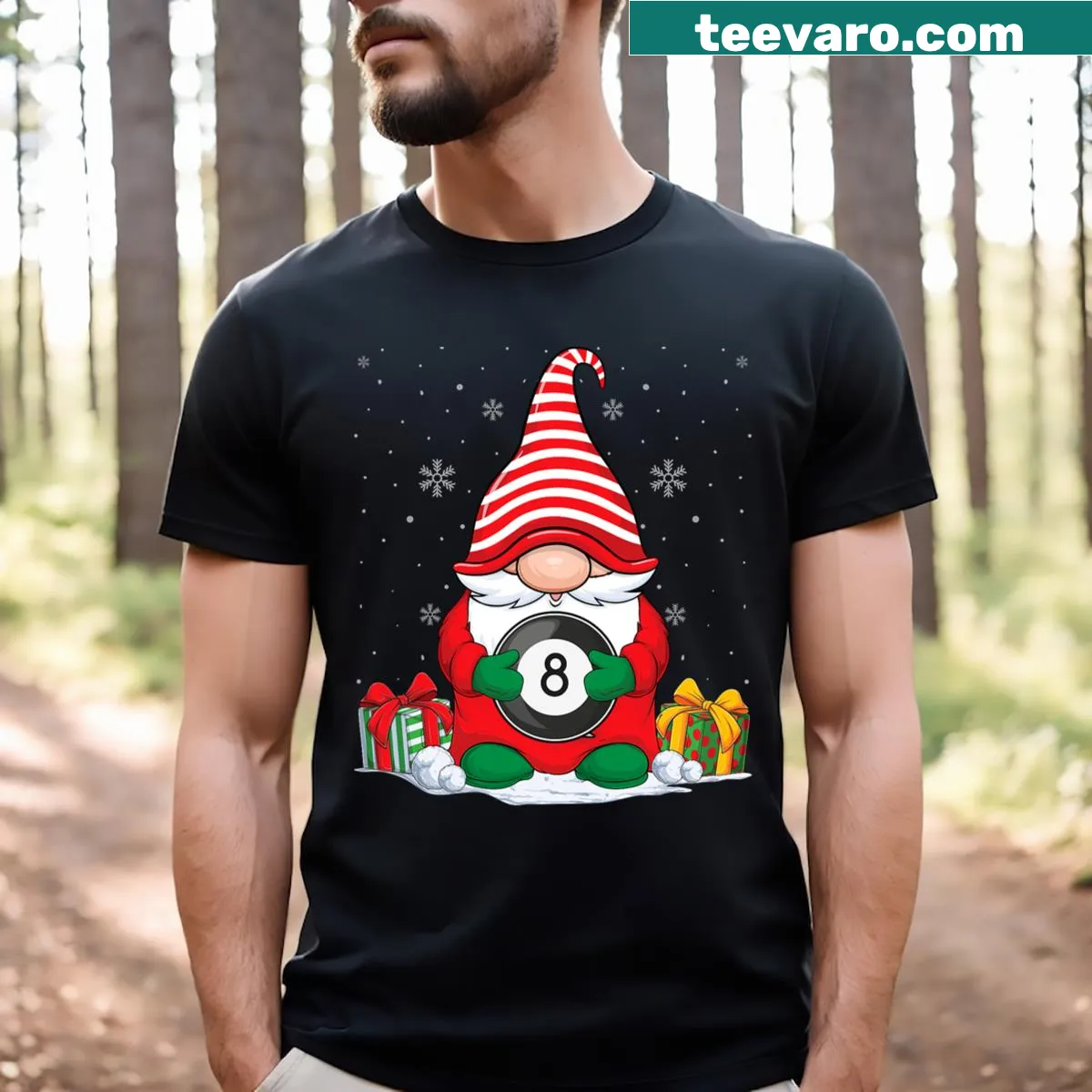 Cute Christmas t-shirt featuring gnomes and billiard balls — on a men's t-shirt