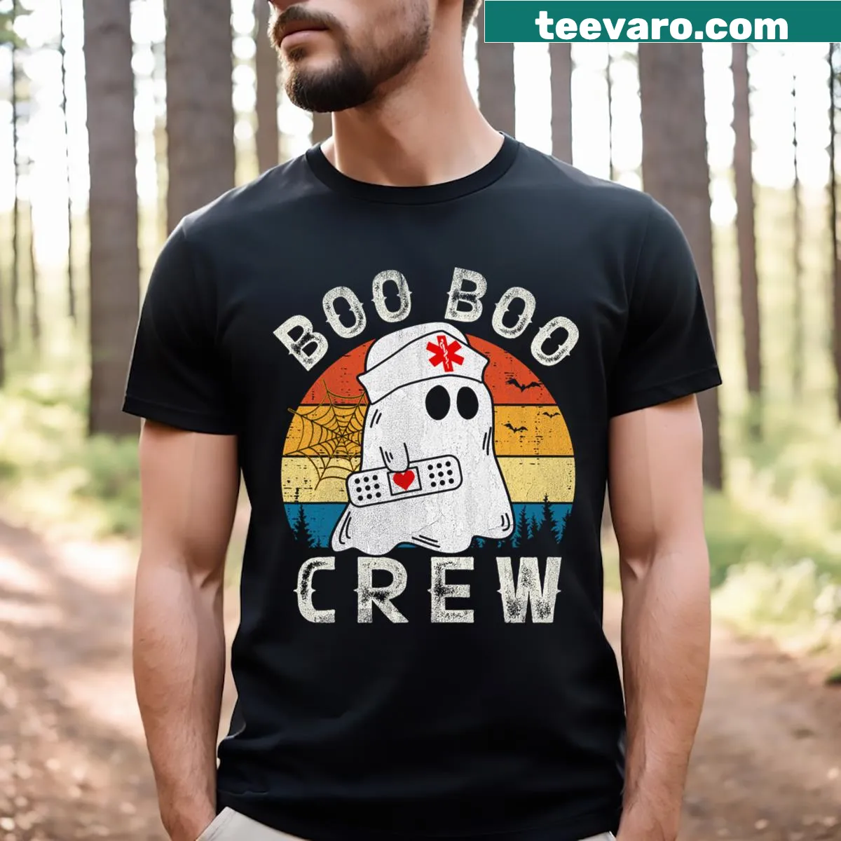 Ghost graphic with 'Boo Boo Crew Nurse' text on t-shirt — on a men's t-shirt