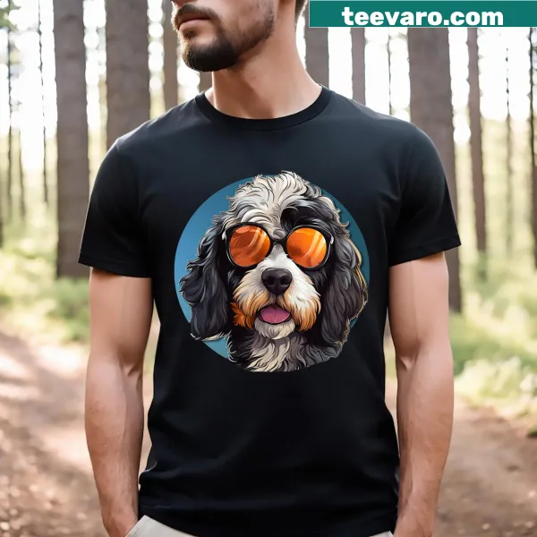Cartoon Bernedoodle wearing sunglasses on t-shirt