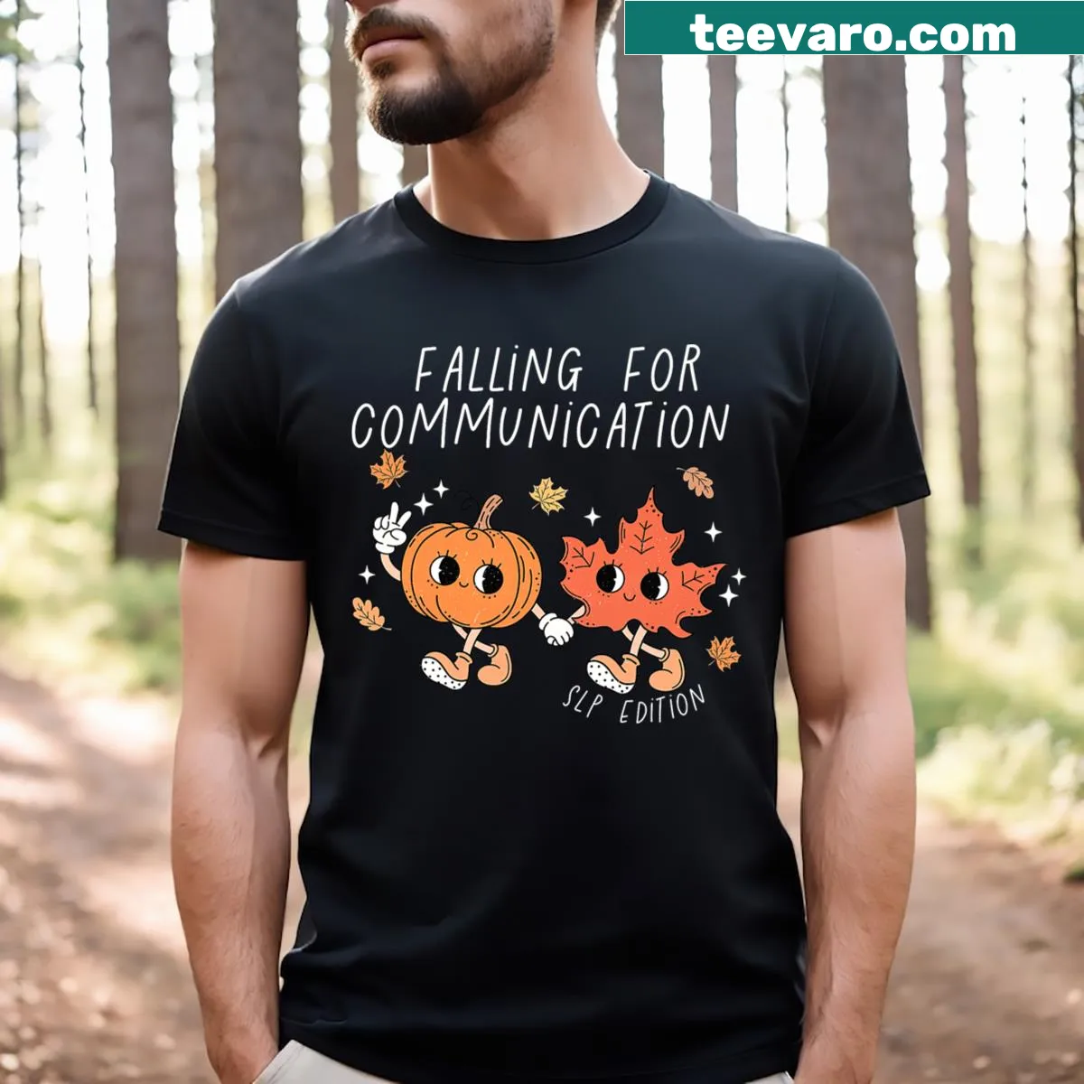 Pumpkin-themed T-shirt promoting speech therapy for students — on a men's t-shirt
