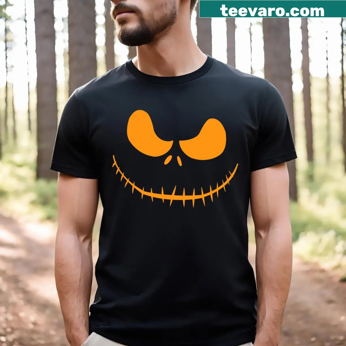 Whimsical pumpkin face graphic for Halloween t-shirt — on a men's t-shirt