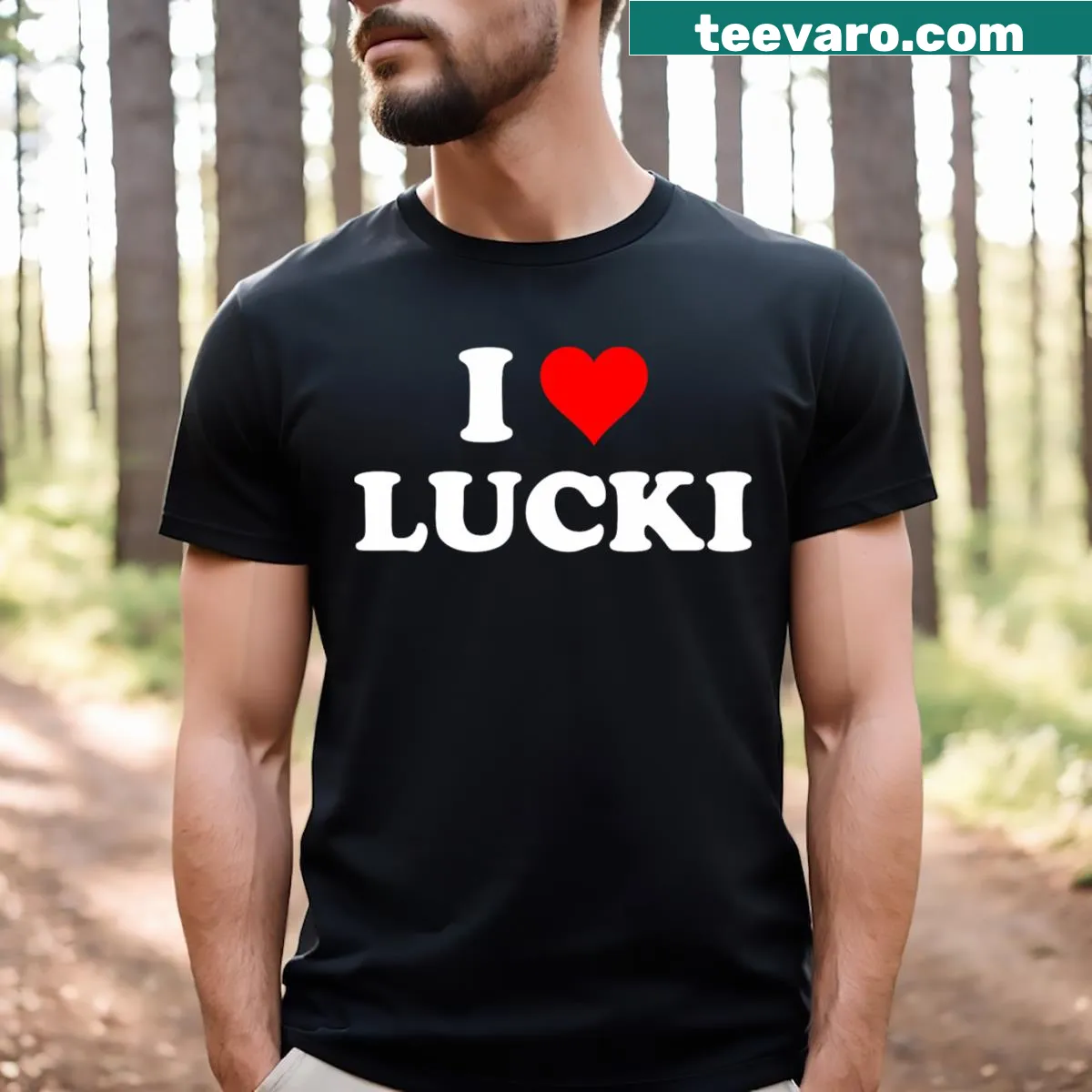 I Love Lucki T-shirt featuring a heart graphic — on a men's t-shirt