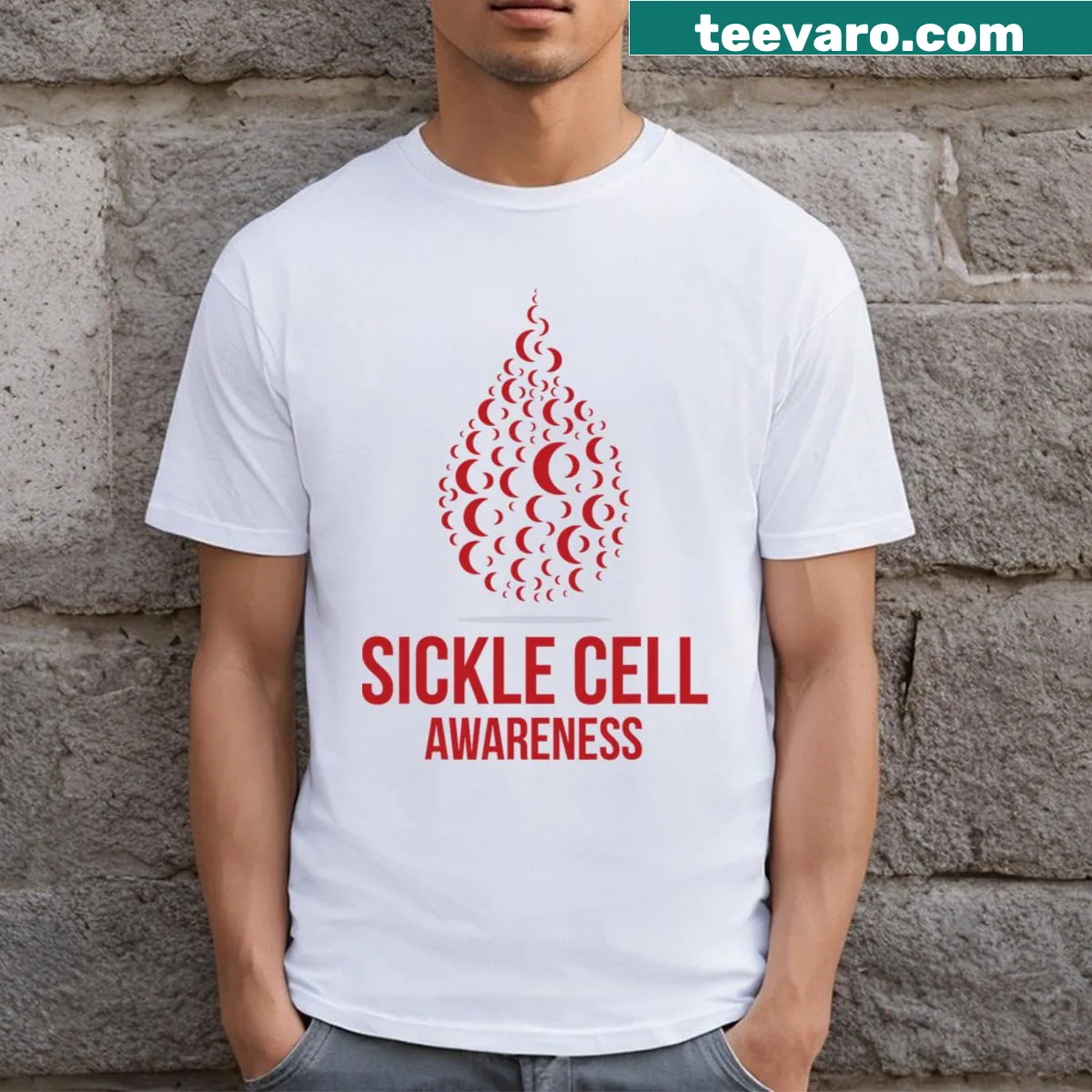 Burgundy ribbon graphic promoting Sickle Cell Awareness with September theme — on a men's t-shirt