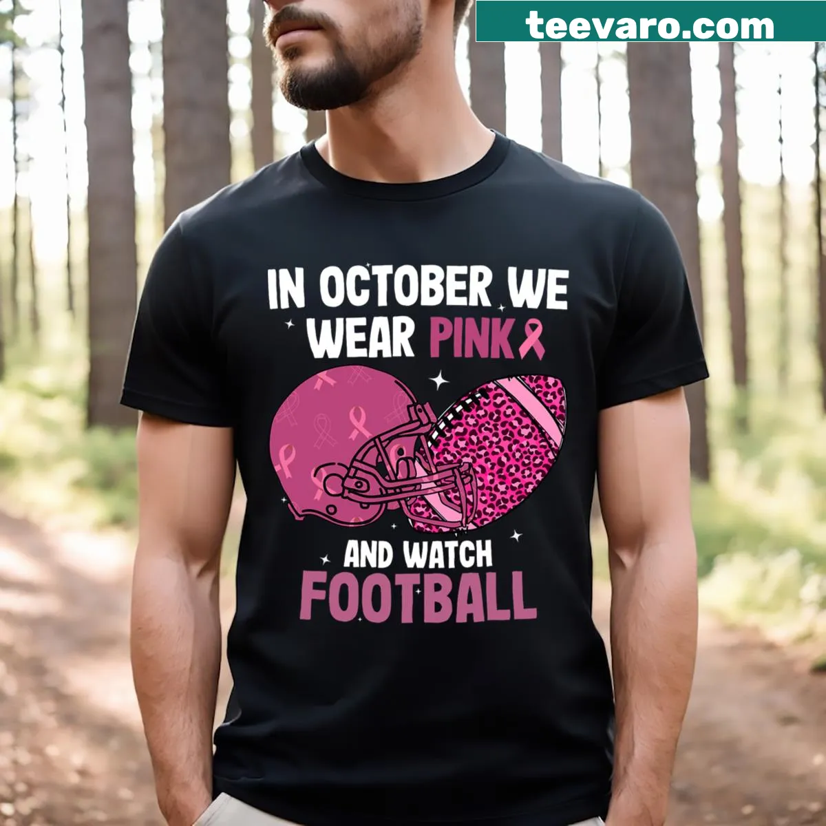 Breast cancer awareness T-shirt featuring the phrase about wearing pink — on a men's t-shirt