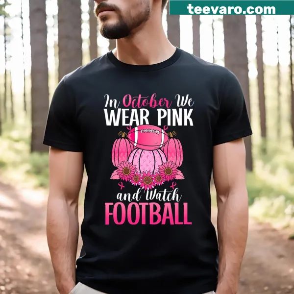 Football-themed breast cancer awareness T-shirt with pumpkin graphic