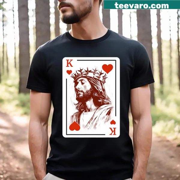 T-shirt with 'Jesus King Of Hearts' graphic and heart playing card design.