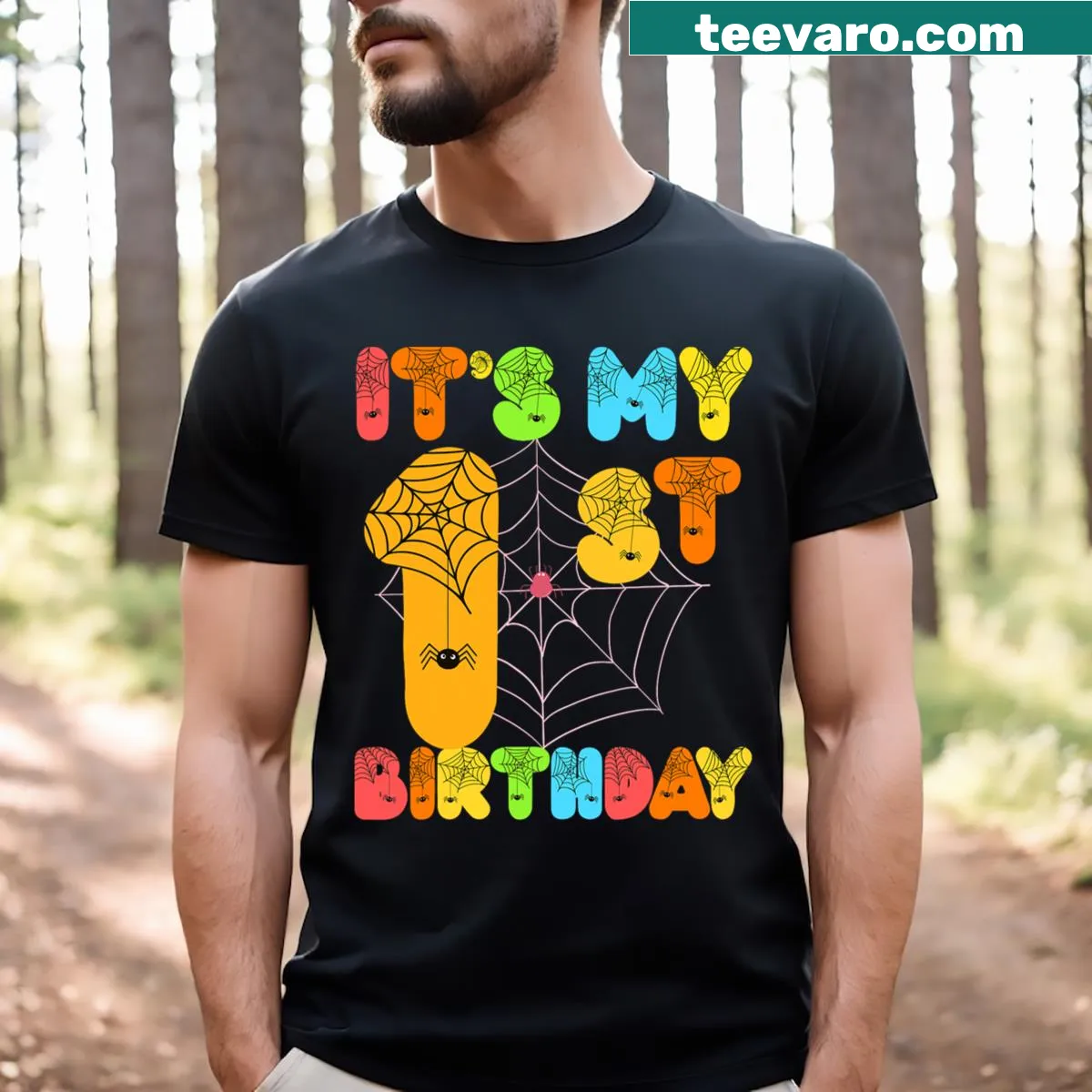 Cute T-shirt for kids celebrating their 1st Halloween birthday with festive graphics. — on a men's t-shirt