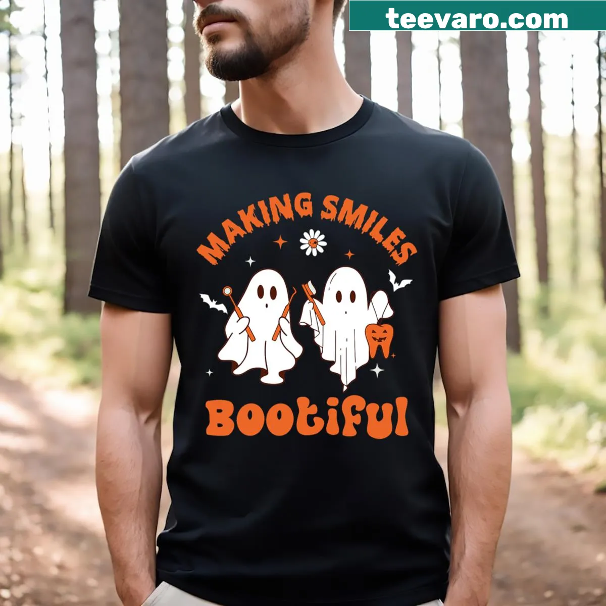 Funny Halloween T-shirt featuring a ghost dentist and 'Making Smiles Bootiful' text. — on a men's t-shirt
