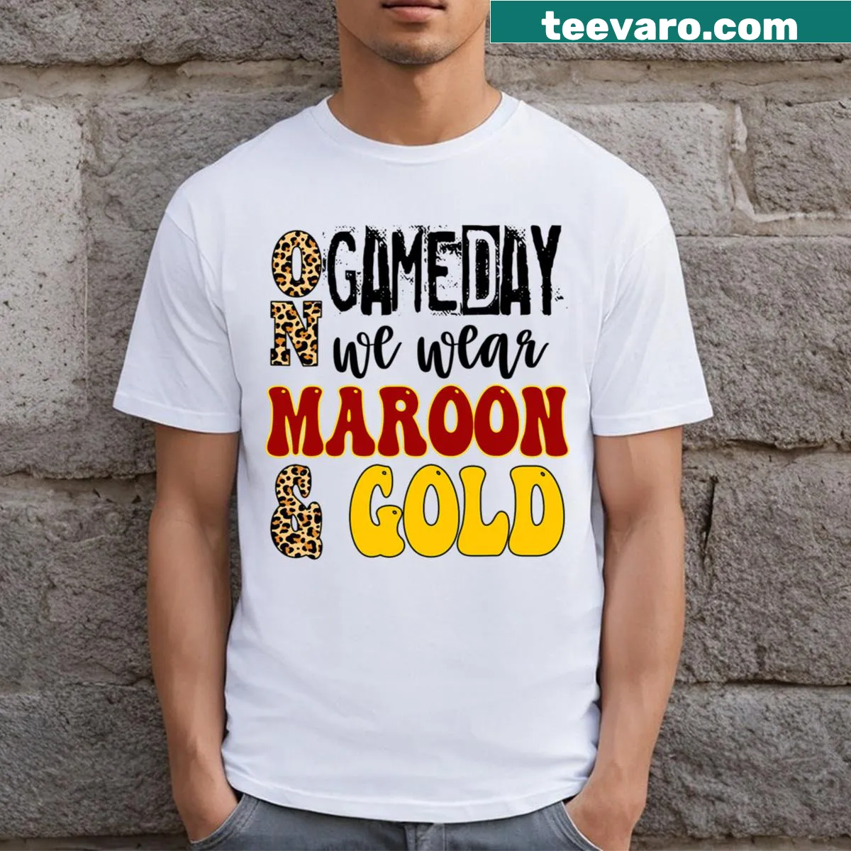 High school game day T-shirt with 'Maroon And Gold Vibes Only' text. — on a men's t-shirt