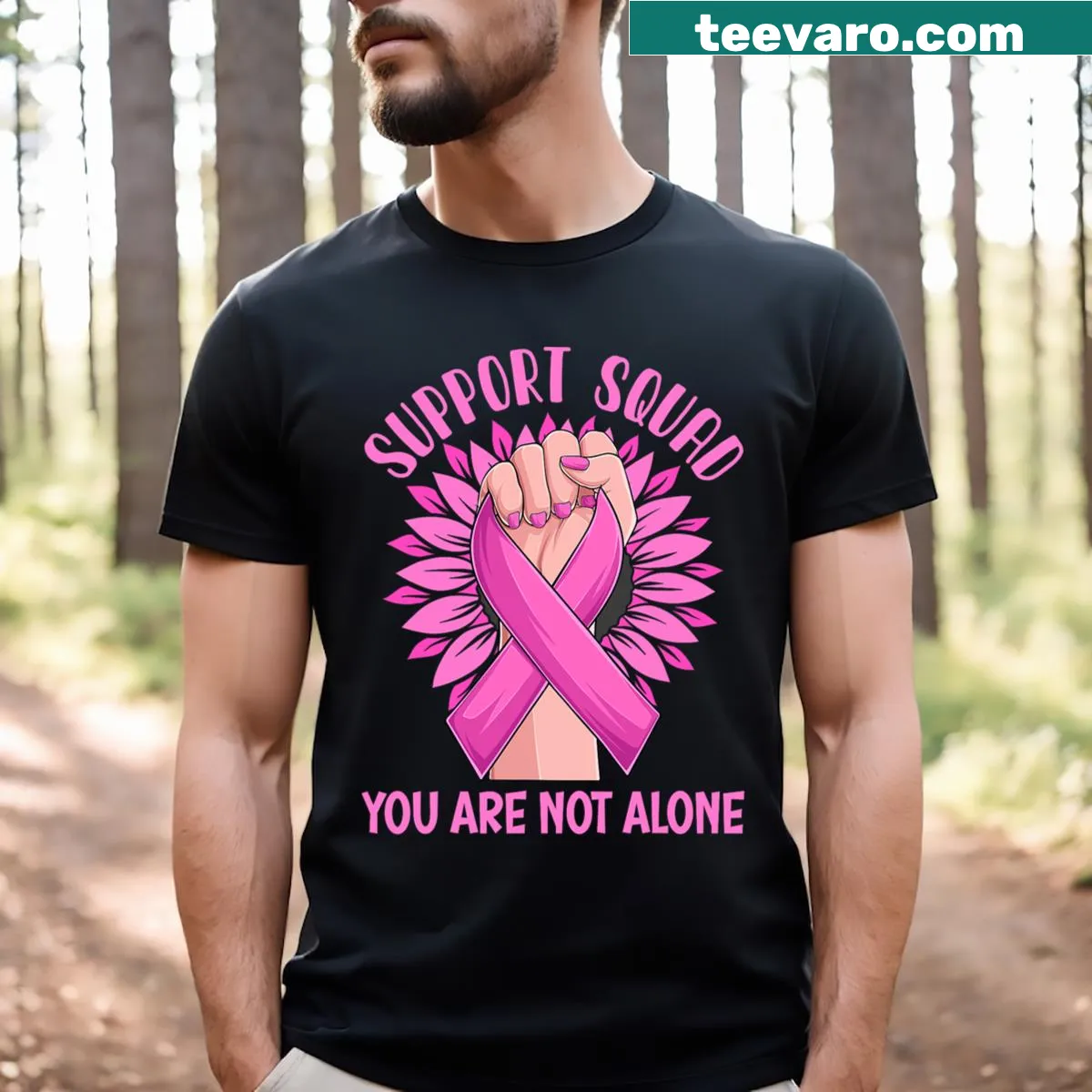 Pink Ribbon support T-shirt emphasizing strength and awareness — on a men's t-shirt