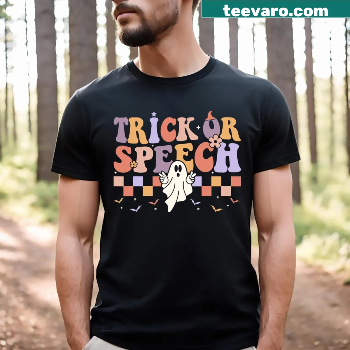 Halloween shirt for speech therapy featuring retro trick or speech design — on a men's t-shirt