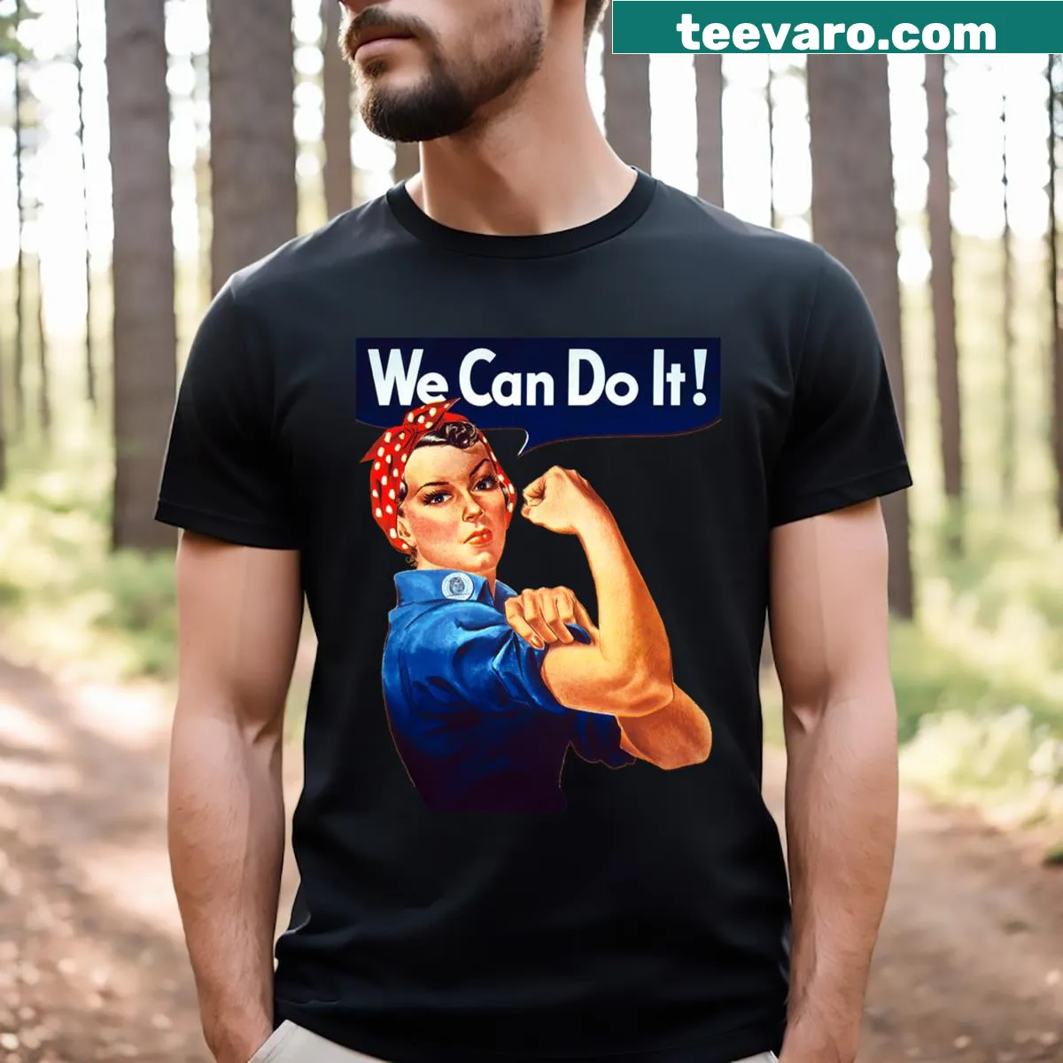 Rosie the Riveter vintage tee with 'We Can Do It' slogan — on a men's t-shirt
