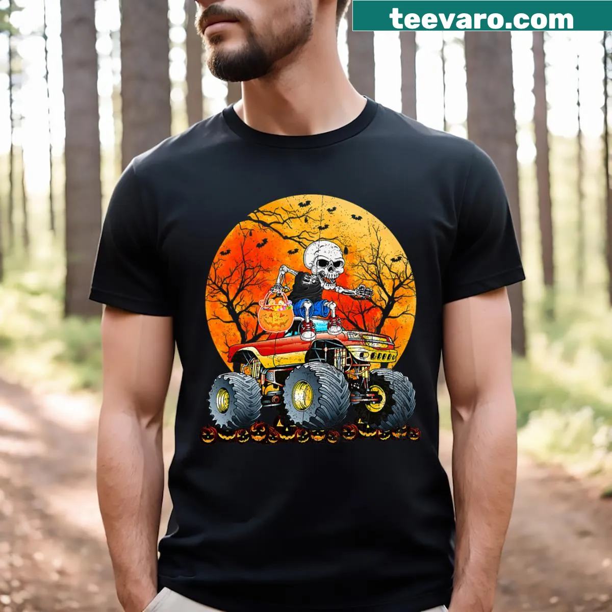 Halloween toddler shirt with skeleton monster truck graphic — on a men's t-shirt