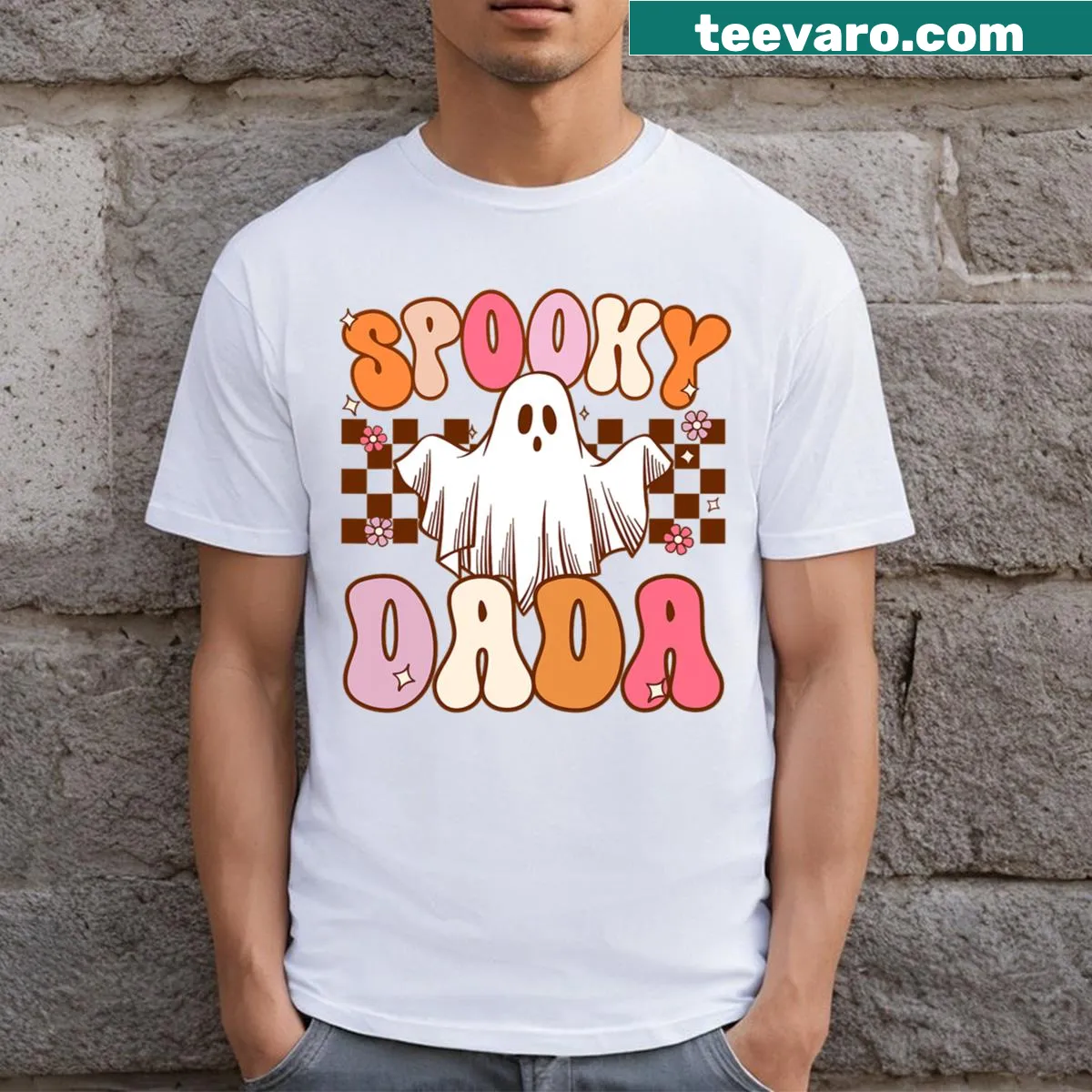 Retro Halloween T-shirt with ghost graphic for dads — on a men's t-shirt