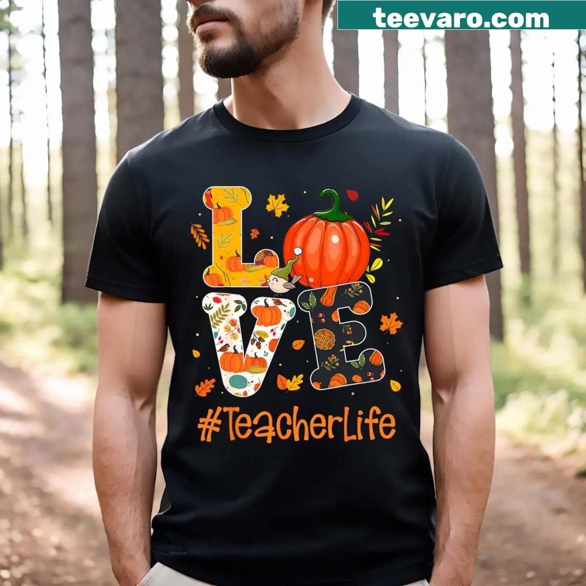 Thanksgiving T-shirt for teachers with Happy Fall Y'all text — on a men's t-shirt
