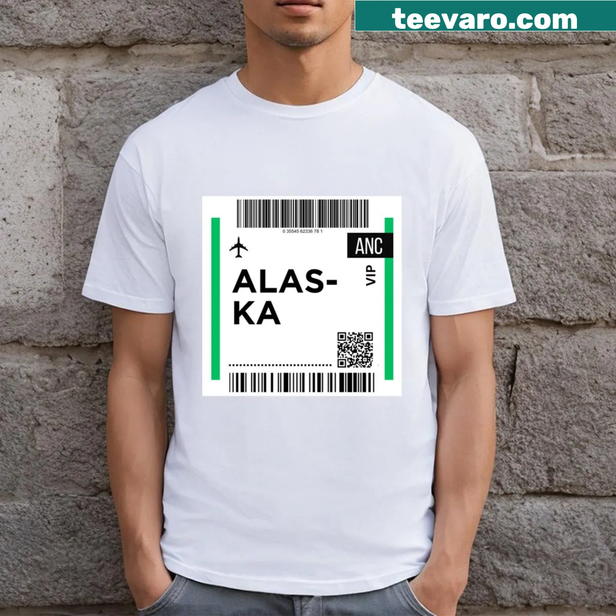 Mini airplane boarding pass graphic on a t-shirt — on a men's t-shirt
