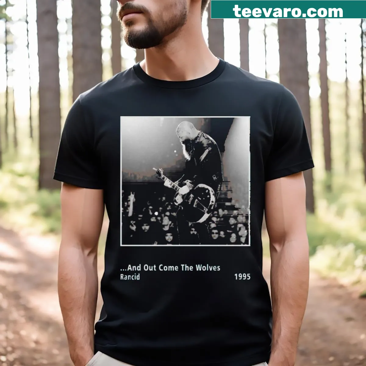 Graphic t-shirt featuring wolves in a fantasy style — on a men's t-shirt