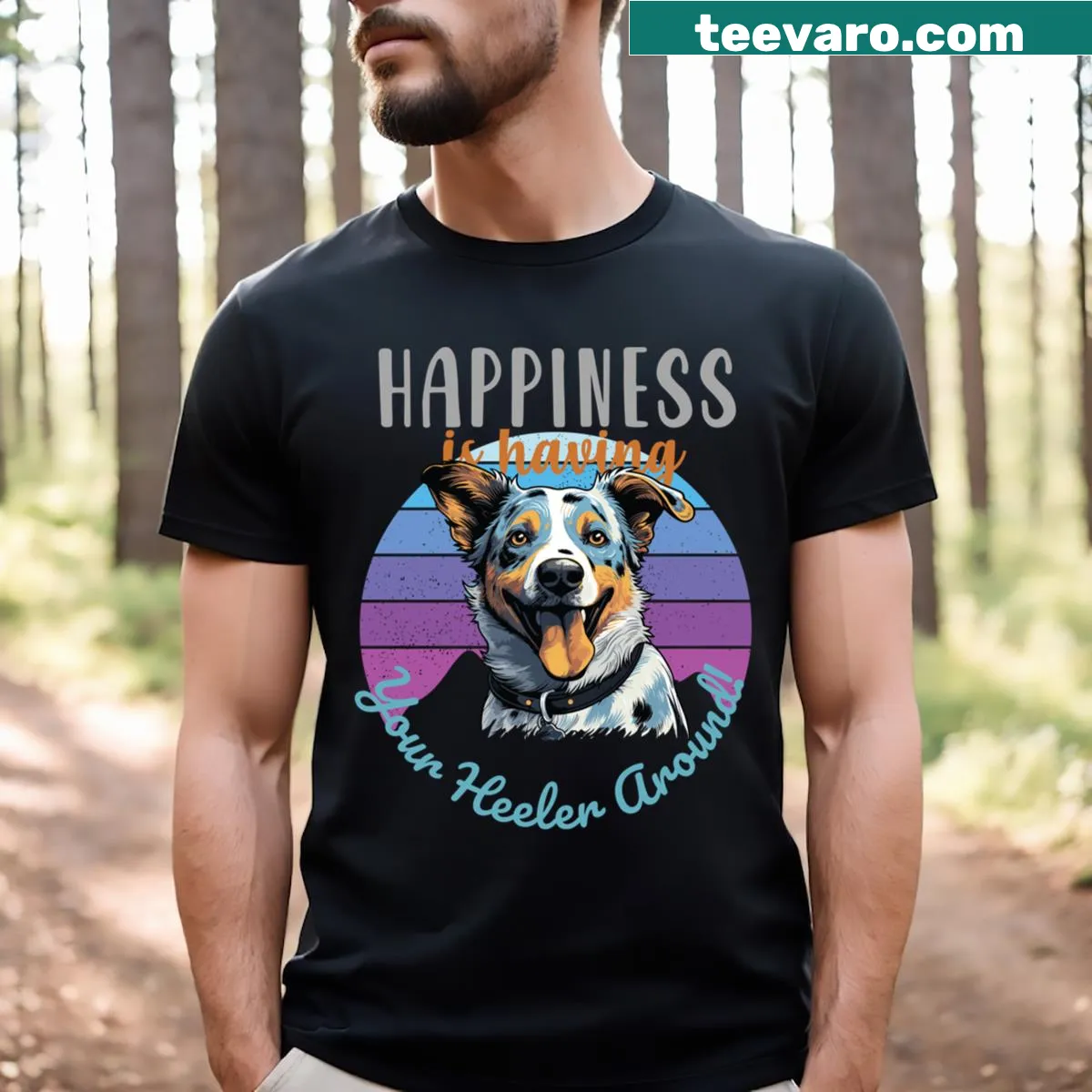 Illustrative t-shirt for Blue Heeler dog lovers featuring a playful design — on a men's t-shirt