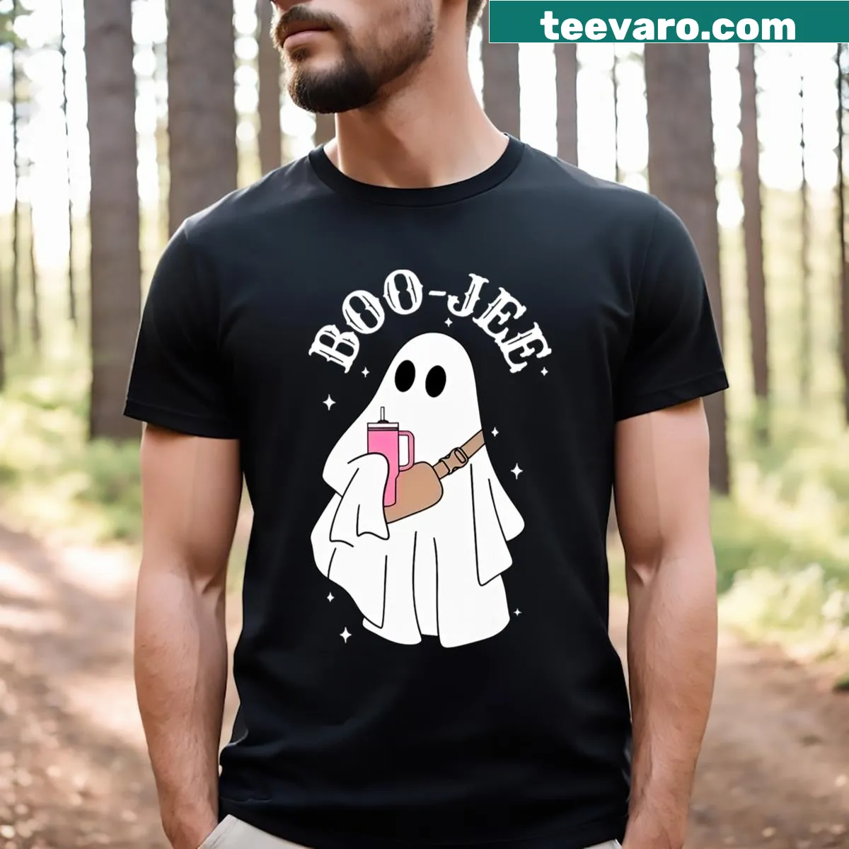 Cute Halloween T-shirt with ghost design for spooky season — on a men's t-shirt