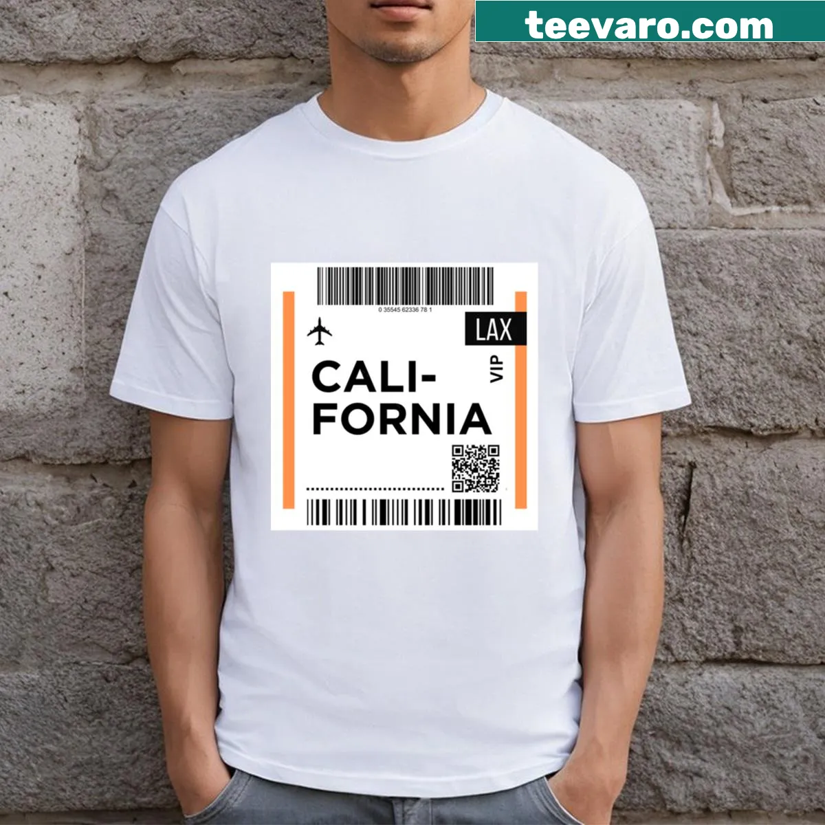 California boarding pass t-shirt with airplane design — on a men's t-shirt