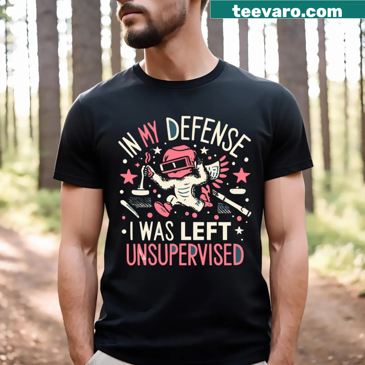 Funny tee with the phrase 'In My Defense I Was Left Unsupervised' in bold — on a men's t-shirt