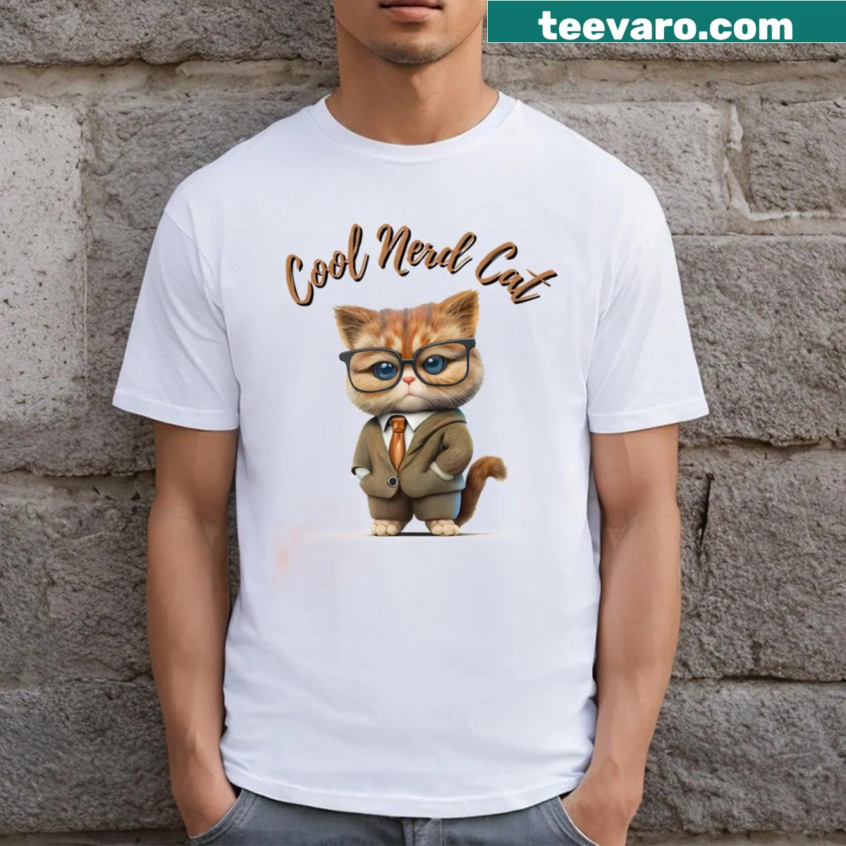 Cartoon graphic of a nerdy ghost cat with glasses — on a men's t-shirt