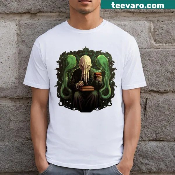 T-shirt featuring an illustration of Cthulhu with books and coffee
