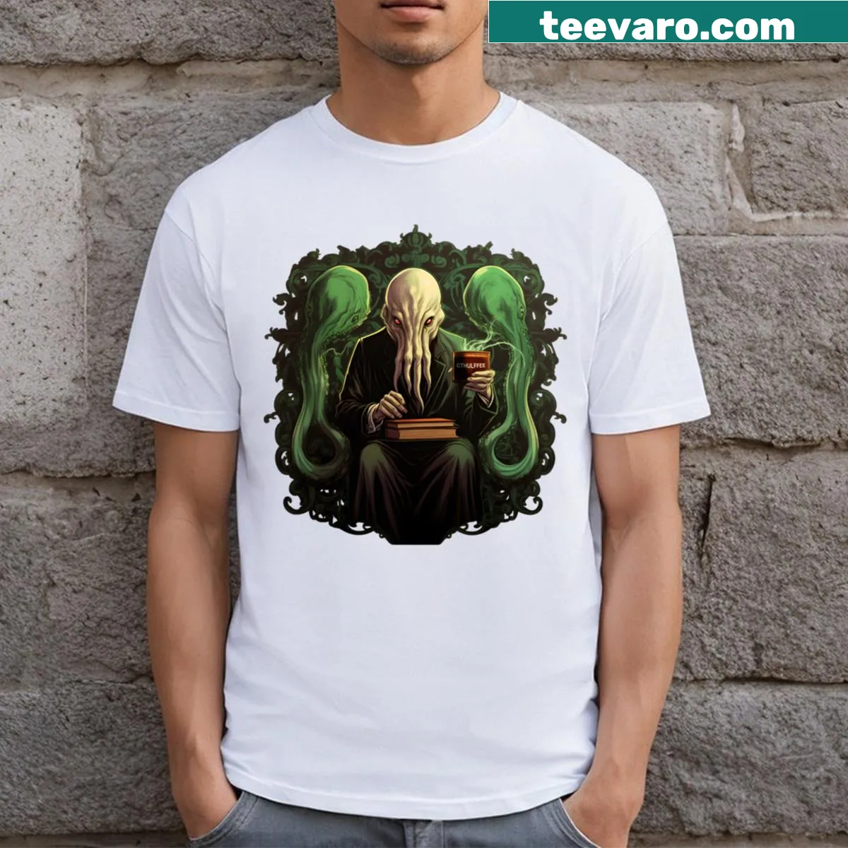 T-shirt featuring an illustration of Cthulhu with books and coffee — on a men's t-shirt