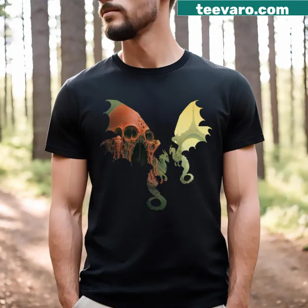 Illustrative t-shirt featuring a dragon flying over a fantasy landscape