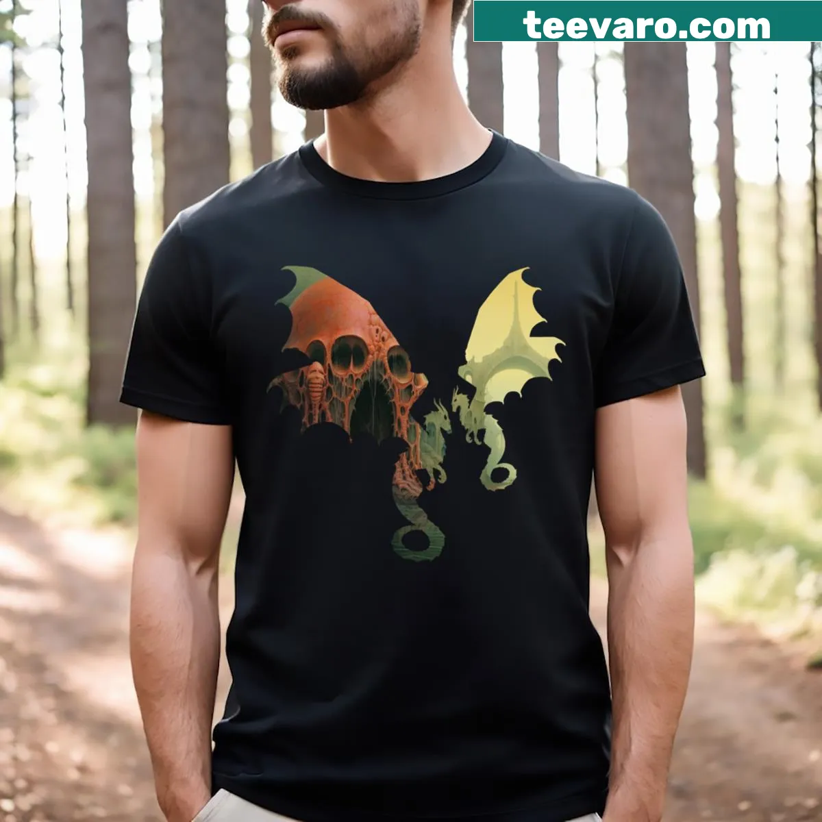 Illustrative t-shirt featuring a dragon flying over a fantasy landscape — on a men's t-shirt
