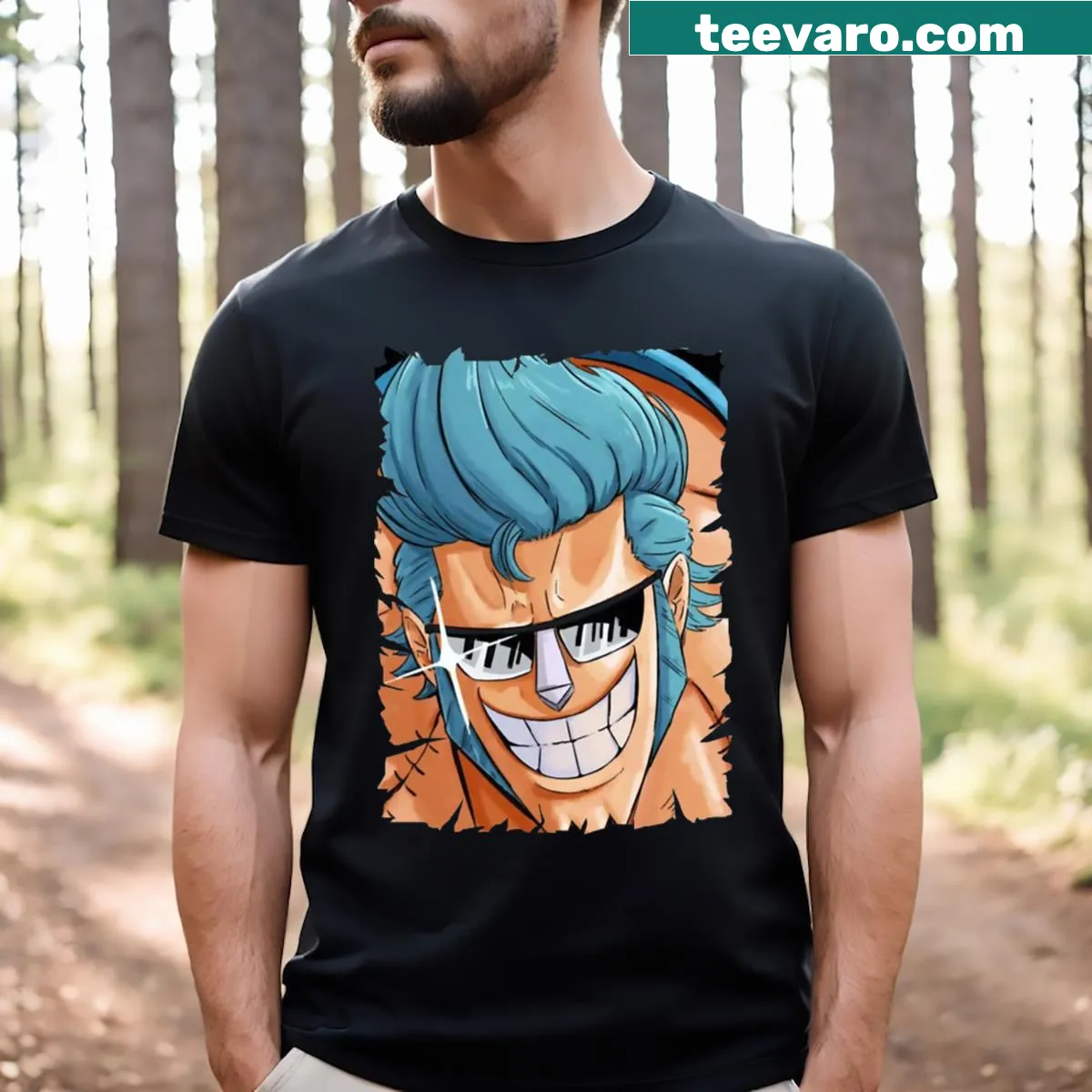 Anime-themed t-shirt featuring Franky character design — on a men's t-shirt