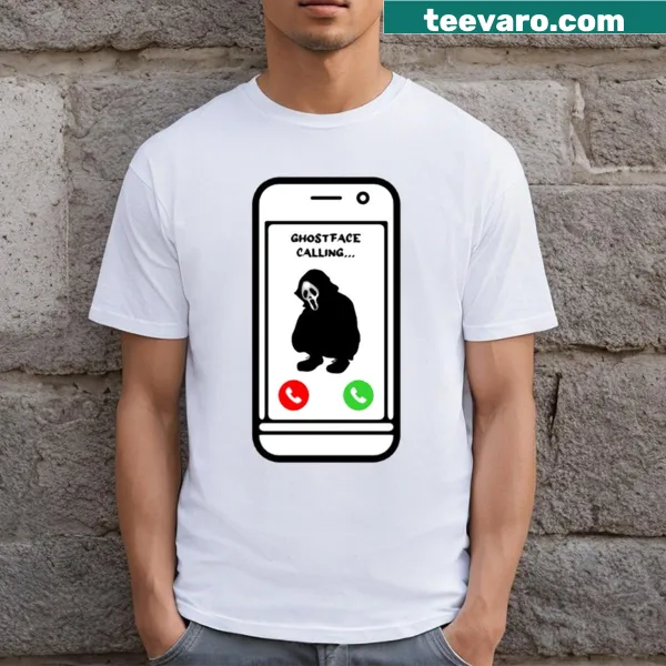 Funny T-shirt with Ghostface making a call graphic